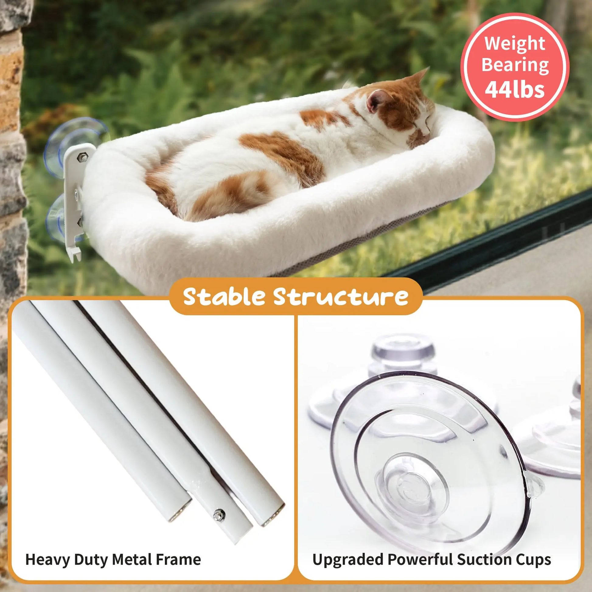 Folding Window Cat Hammock - Cordless, Machine Washable Bed with Sturdy Metal Frame and Strong Suction Cups for Cats and Small Dogs